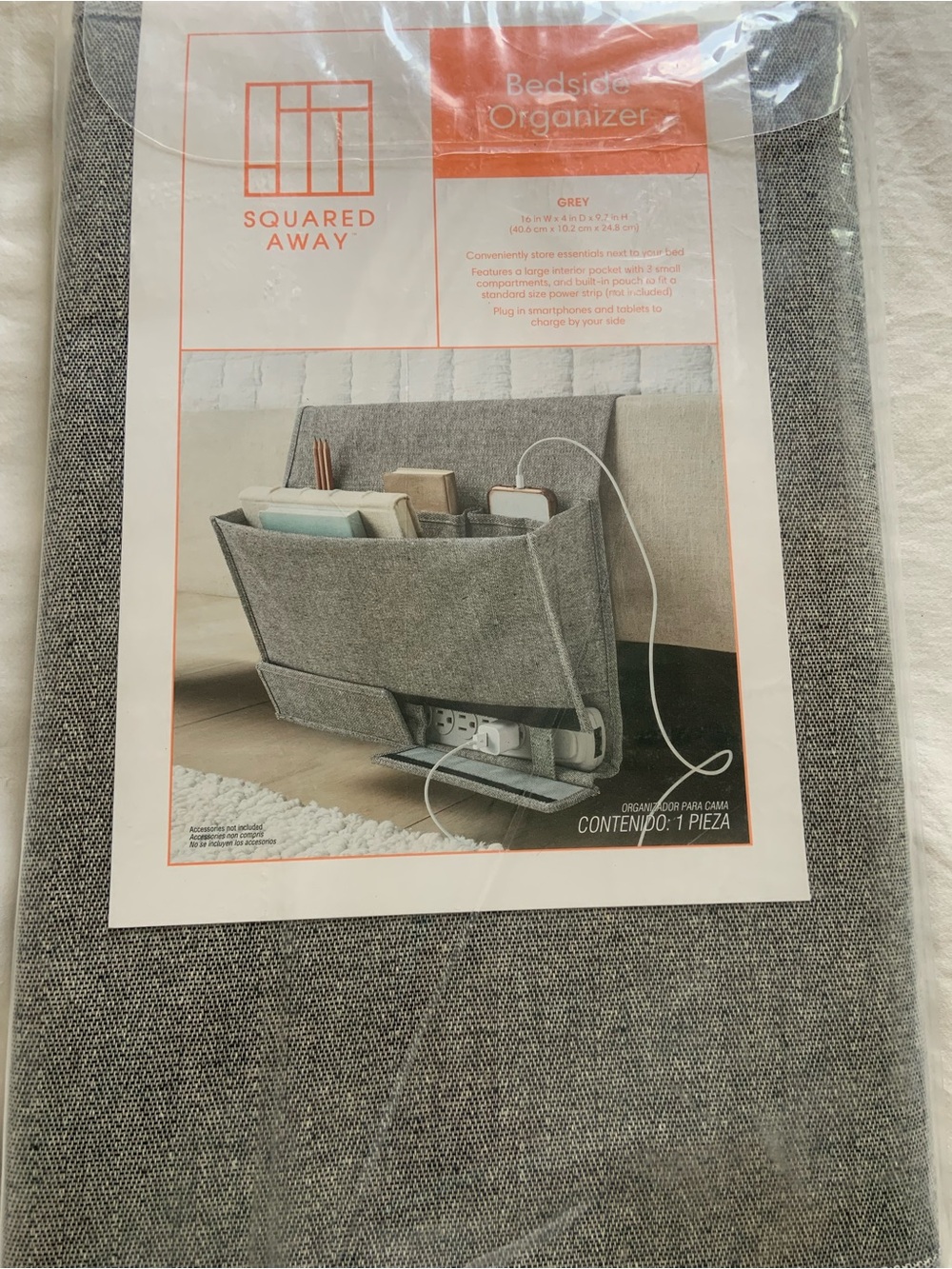 Grey Bedside Organizer - Fabric Storage Pocket